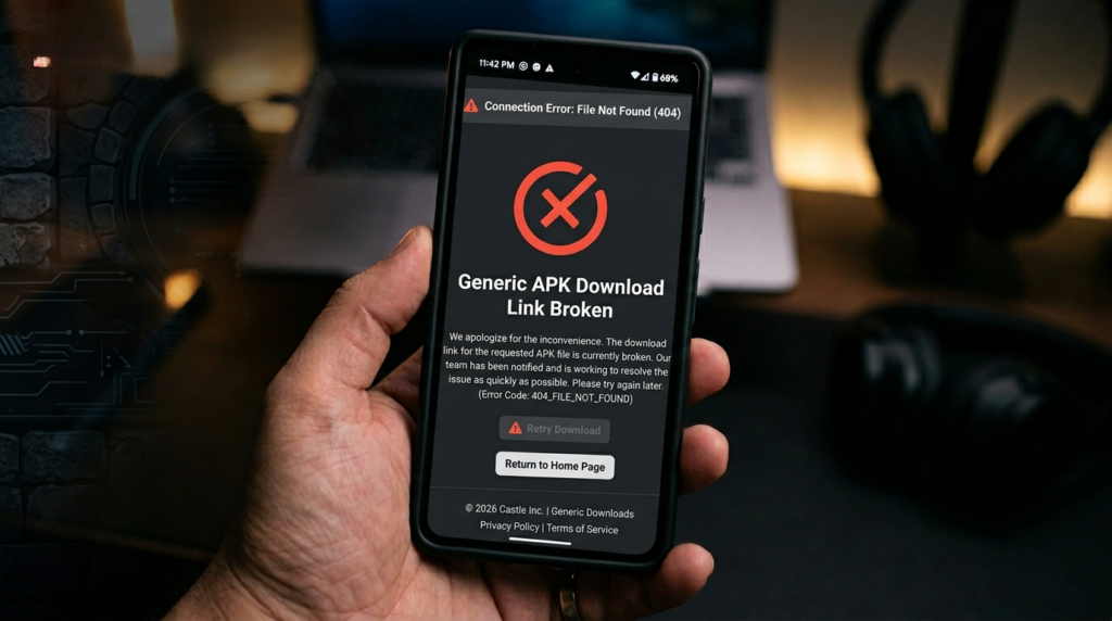 Generic APK download page with broken link message, blurred website name and URL, warning icon, dark theme, 169